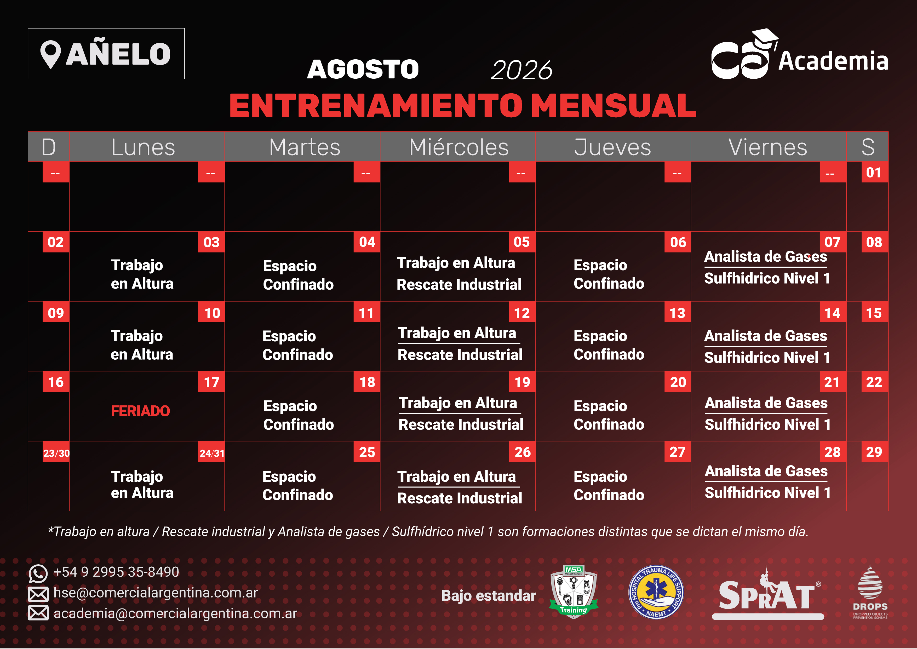 Calendario de Entrenamientos - Agosto 2026