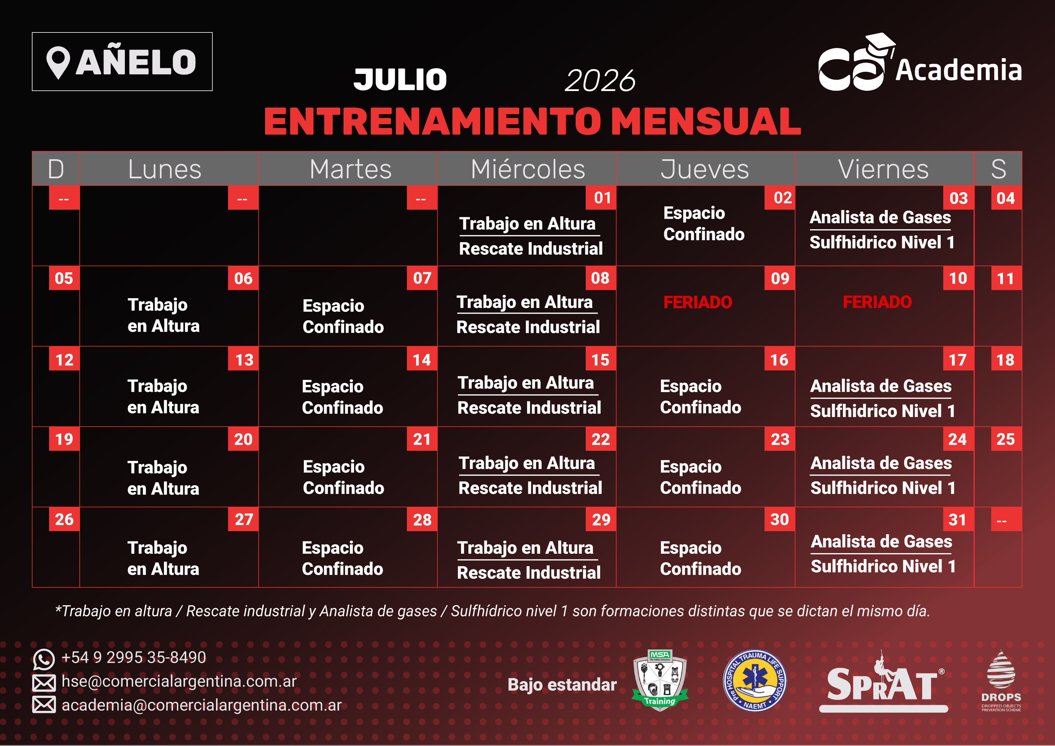 Calendario de Entrenamientos - Julio 2026